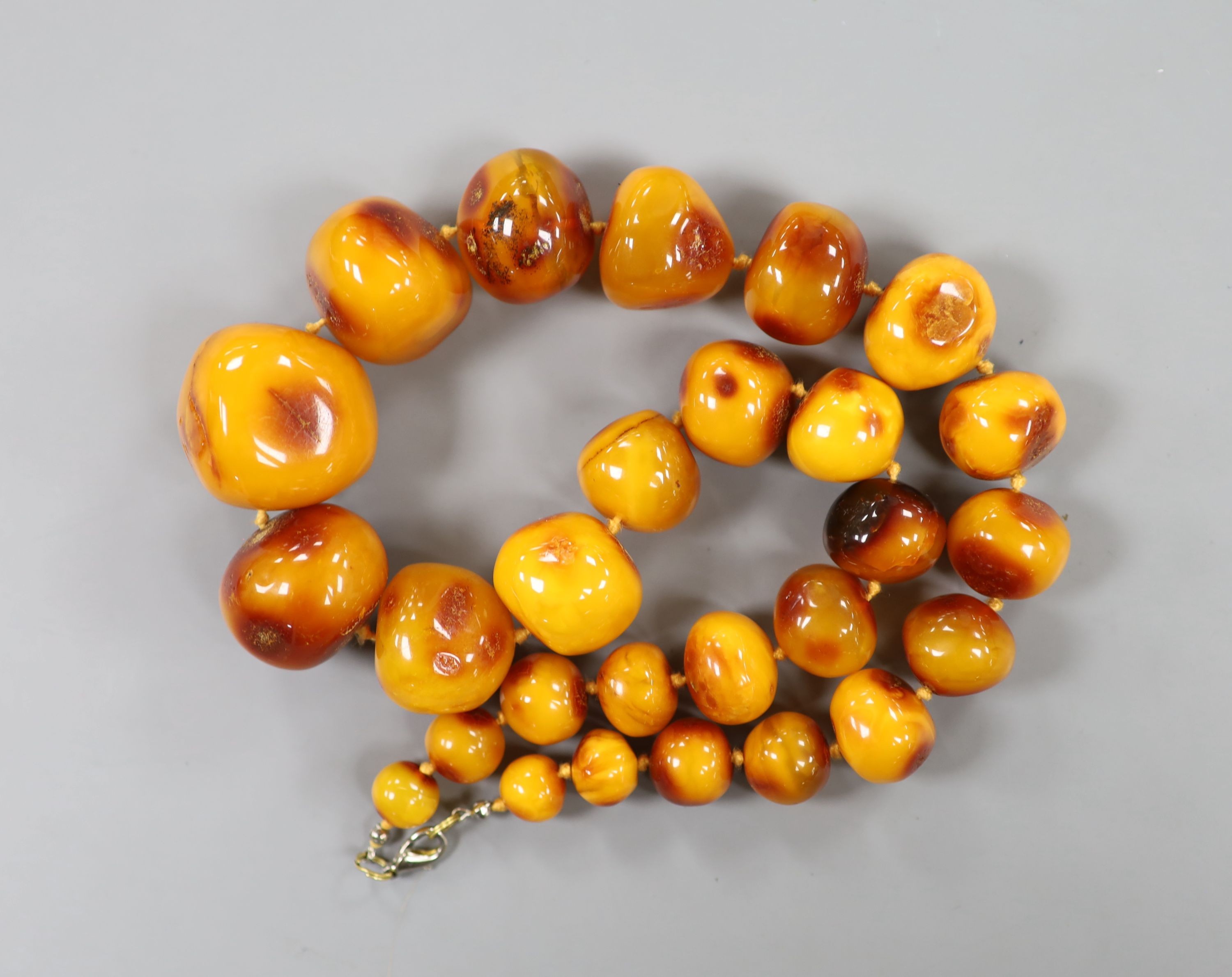 A single strand graduated amber pebble bead necklace, 58cm, gross weight 164 grams.